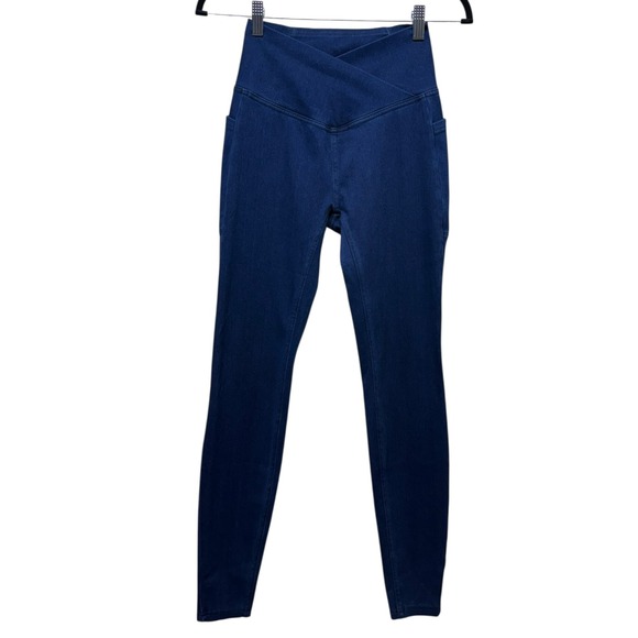 Halara Flex Denim Blue Leggings Women Crossover Waist Pants XS Jegging Pockets - Picture 1 of 5